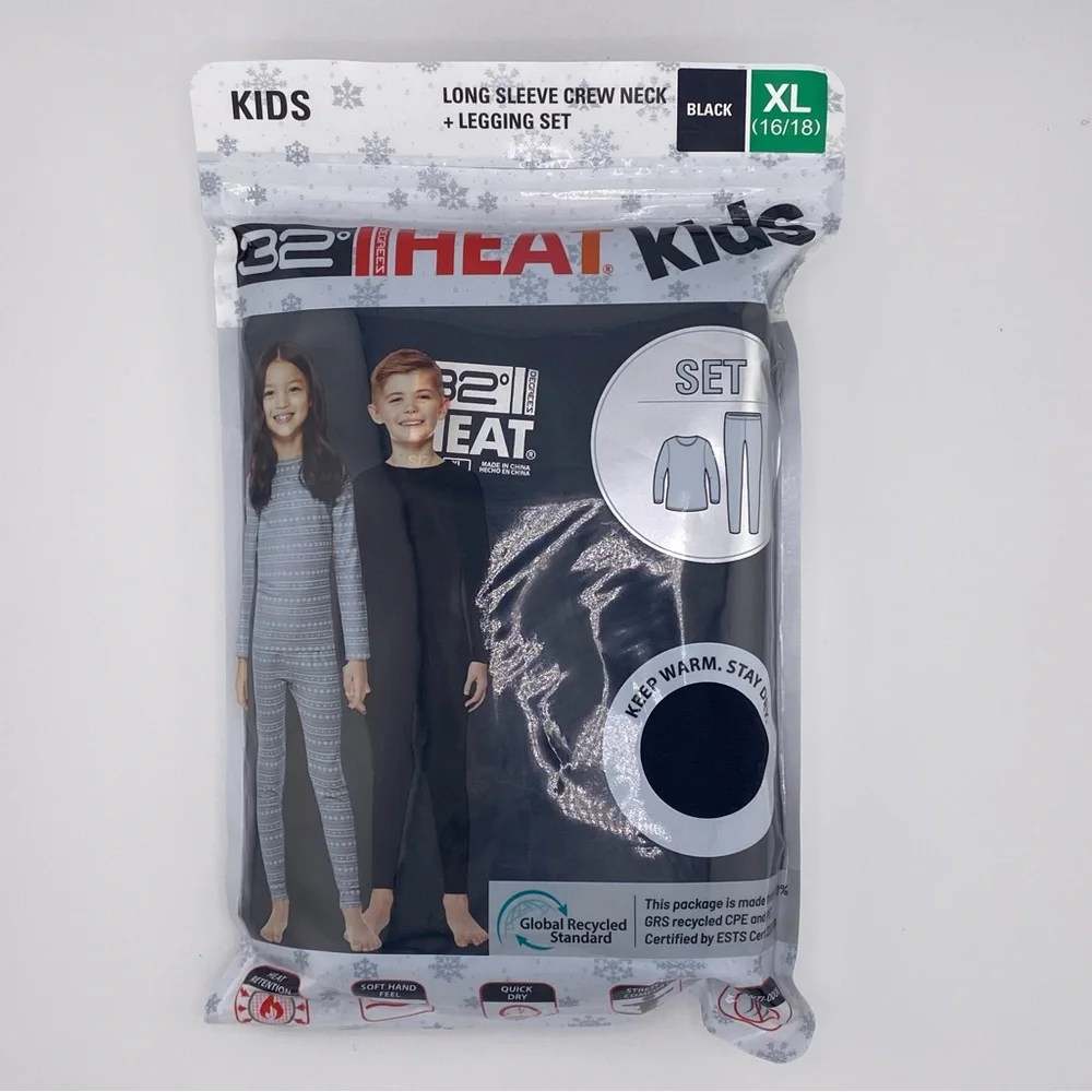 Kids 32 Degrees Heat LS Crew Neck Top & Legging Pant Base Layer Set XL Black